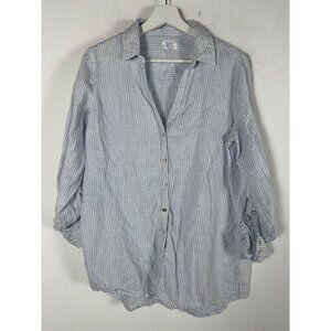 Sigrid Olsen Women Linen Blue White Striped Button-Down Shirt Medium Roll-Sleeve